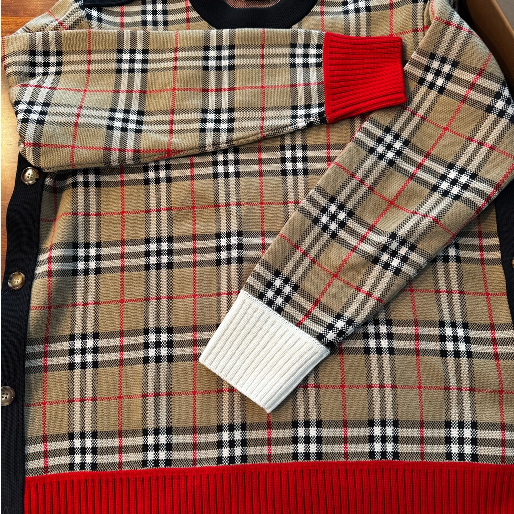 Burberry Tan Plaid Sweater With Red And White Accents